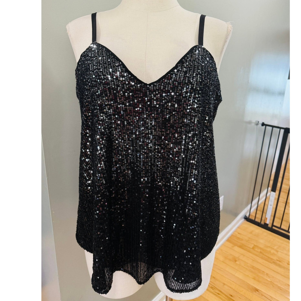 Torrid 2 (2X 18/20) Sophie Black/Silver Sequin Swing Cami Party Tank Top V-Neck